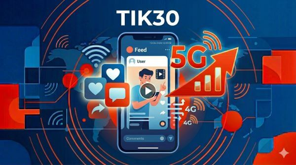 Hình minh họa phong cách flat design hiện đại cho banner quảng cáo gói cước data chuyên dụng cho mạng xã hội của nhà mạng di động Việt Nam, sử dụng tông màu xanh dương đậm và đỏ cam, thể hiện một chiếc điện thoại thông minh hiển thị giao diện news feed mạng xã hội cách điệu với các icon trái tim, bình luận, chia sẻ và biểu tượng tin nhắn xung quanh, kèm icon dữ liệu (data) và sóng tín hiệu phát ra từ điện thoại, nền tối giản với họa tiết hình tròn và đường sóng trừu tượng, có khoảng trống phía trên để chèn chữ "FB30", phong cách thiết kế trẻ trung, gần gũi, tỷ lệ 16:9, độ phân giải cao, không chèn logo hoặc thương hiệu thực tế của bất kỳ công ty hay nền tảng nào
